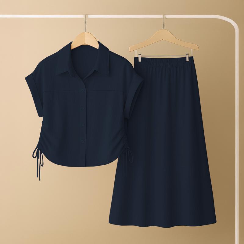 Set bộ Chân Váy [45-85kg], Set bộ áo sơ mi tay ngắn, chân váy lưng thun 6 gam màu, chất đũi xước Nhật, mặc mềm mát