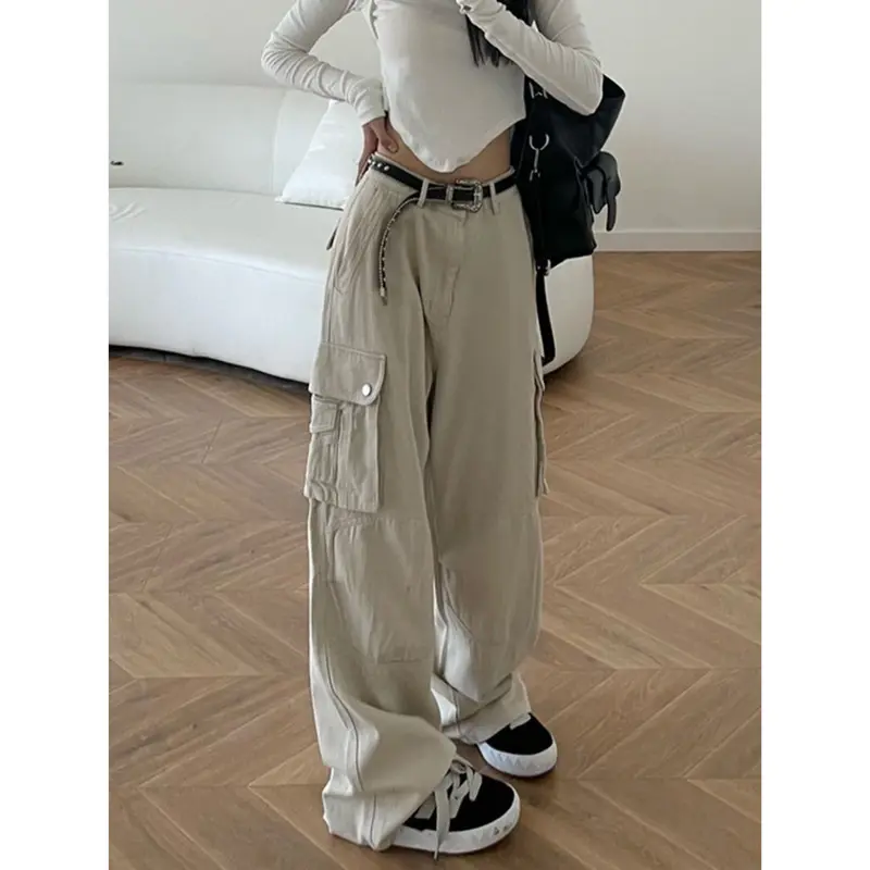 Krem New Highwaist multi pocket cargo Celana Jeans Panjang Wanita 2