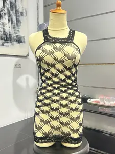 Dress Mini Jaring Elastis High Stretch - Pakaian Dalam Wanita Import Halter Neck Mesh Mini Dress Lace Accent - Pakaian Tidur Wanita Modis Inner Dress Jaring Motif Geometris – Terusan Wanita Elastis Premium