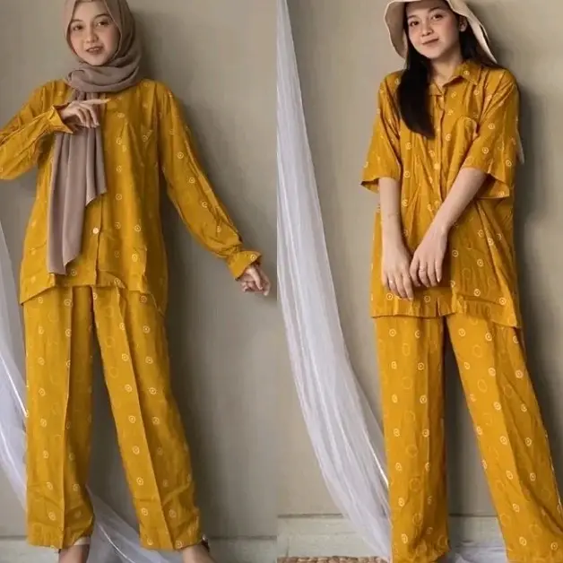 one set rayon polka ring piyama rayon pajamas katun rayon setelan rayon wanita baju wanita dewasa lengan panjang pendek jumbo motif trendy 2