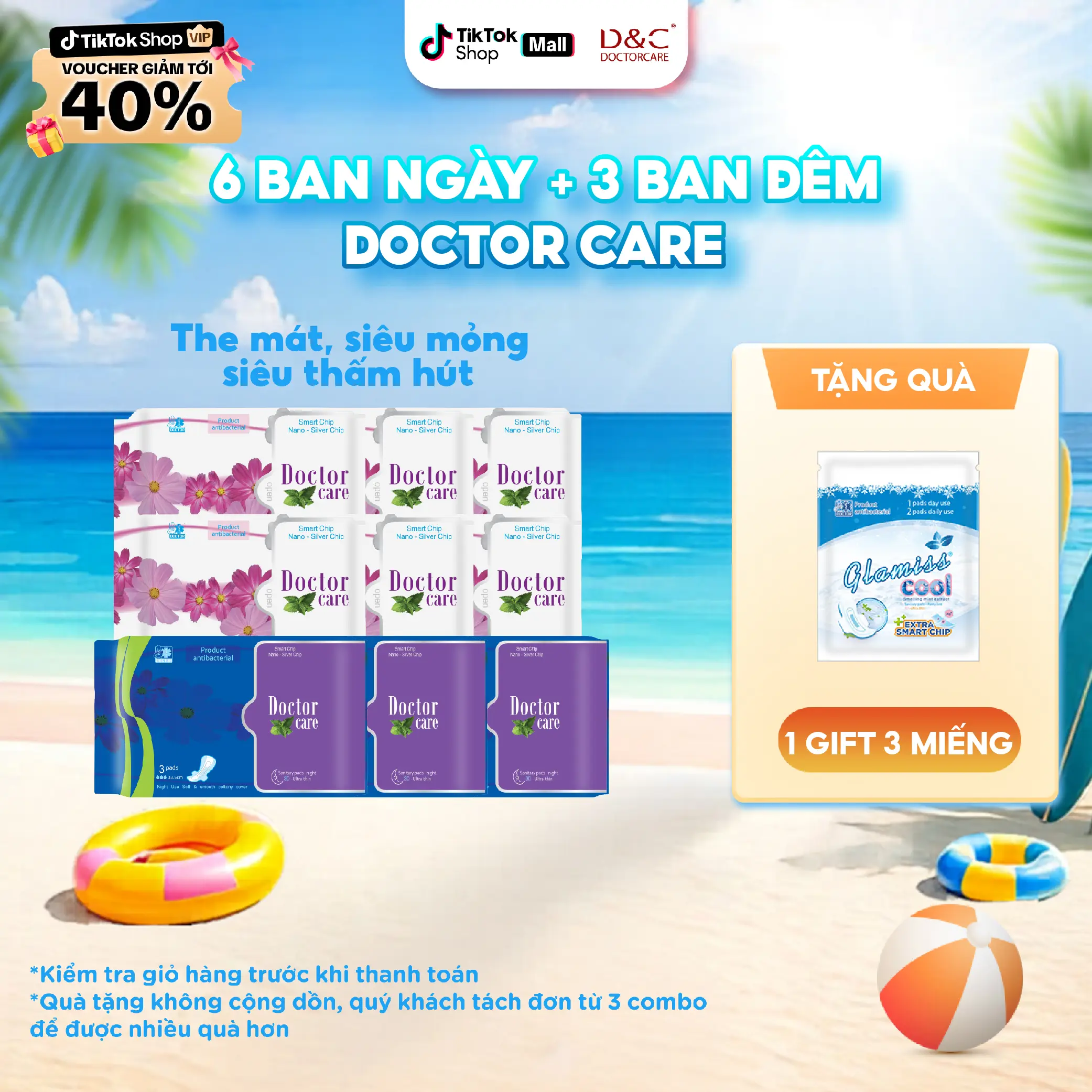 [AFF] COMBO 9 gói Băng vệ sinh Doctor care D&C mát lạnh (6 Ban ngày 24,5cm và 3 ban đêm 33,8cm) - Tặng 1 gói quà 3 miếng BVS Glamiss Cool Extra (1BN+2HN)