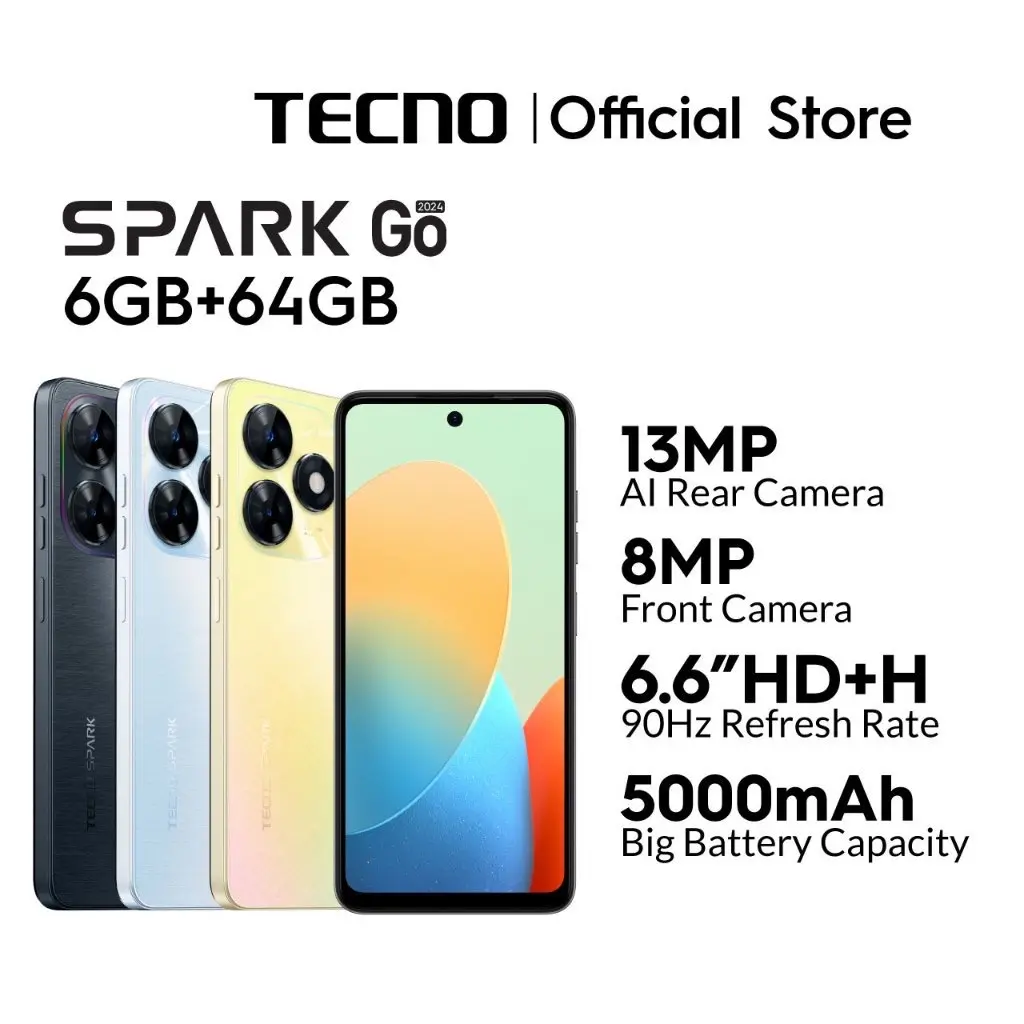 ￼TECNO Spark GO 2024 Smartphone  (6GB RAM + 64GB ROM) 5000mAH Battery / 6.6" Mega Display / 10W Flash Charge