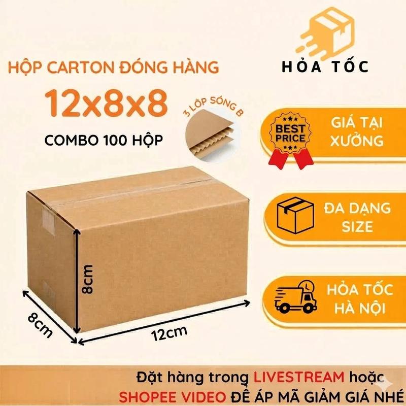 Hộp Carton 12x8x8 - 100 Hộp Carton Nắp Dán 3 Lớp Cứng Cáp Màu Nâu Kraft Siêu Nhanh Cho Mỹ Phẩm & Đồ Handmade