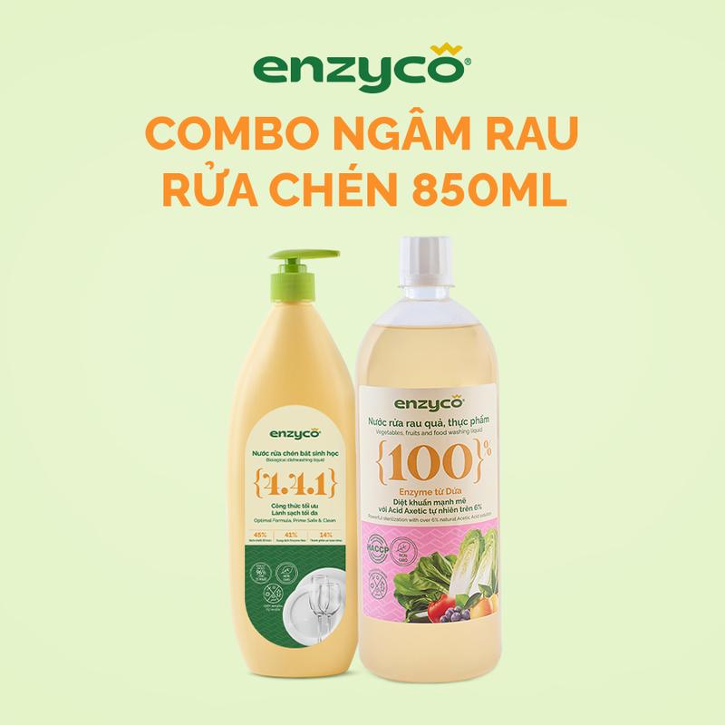 Combo Nước ngâm rửa rau củ quả, thực phẩm sinh học Enzyco 1000ml và Nước rửa chén bát sinh học hương Gừng ENZYCO 850ml