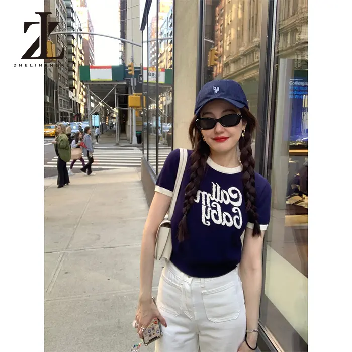 Thêu In Áo Dệt Kim Ngắn Cách Mới Retro Slim-fit Phù Hợp Với Thời Trang