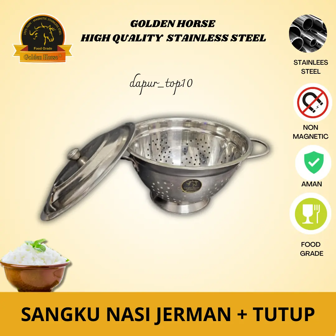 sangku nasi stainless jerman asli 22,24,26 + tutup cm "golden horse"/ wadah nasi/ tempat nasi/ asli stainless