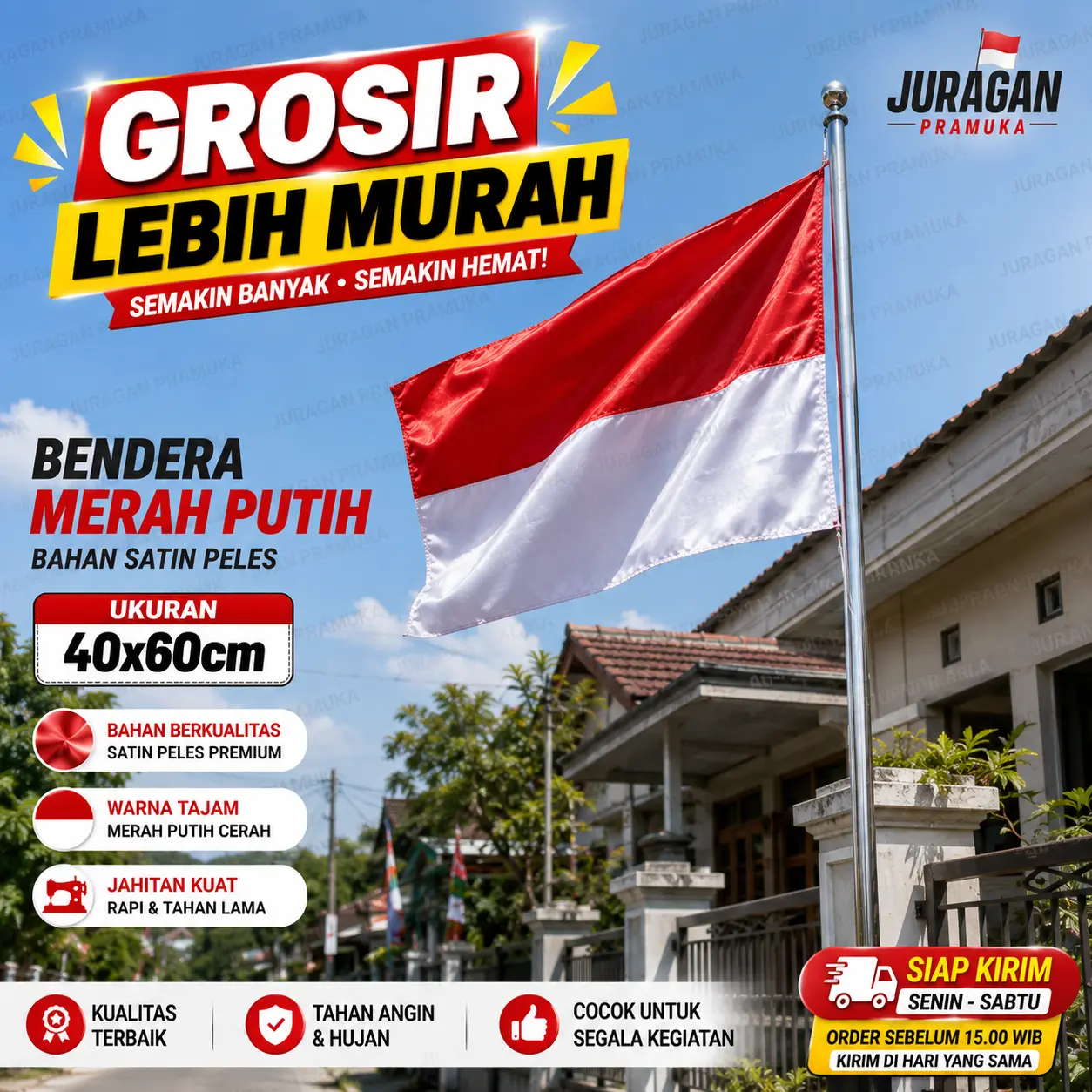 Bendera Merah Putih 40x60cm | Kain Satin Peles Premium Warna Cerah