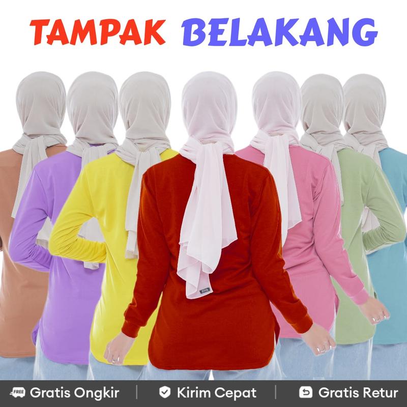 Kaos Polos Wanita Lengan Panjang - RIB Bawah Oval Terkini Sablon Atasan Baju Basic Top Variasi Tangan Oblong Oversize Muslim kaos  lengan  panjang  oval 3