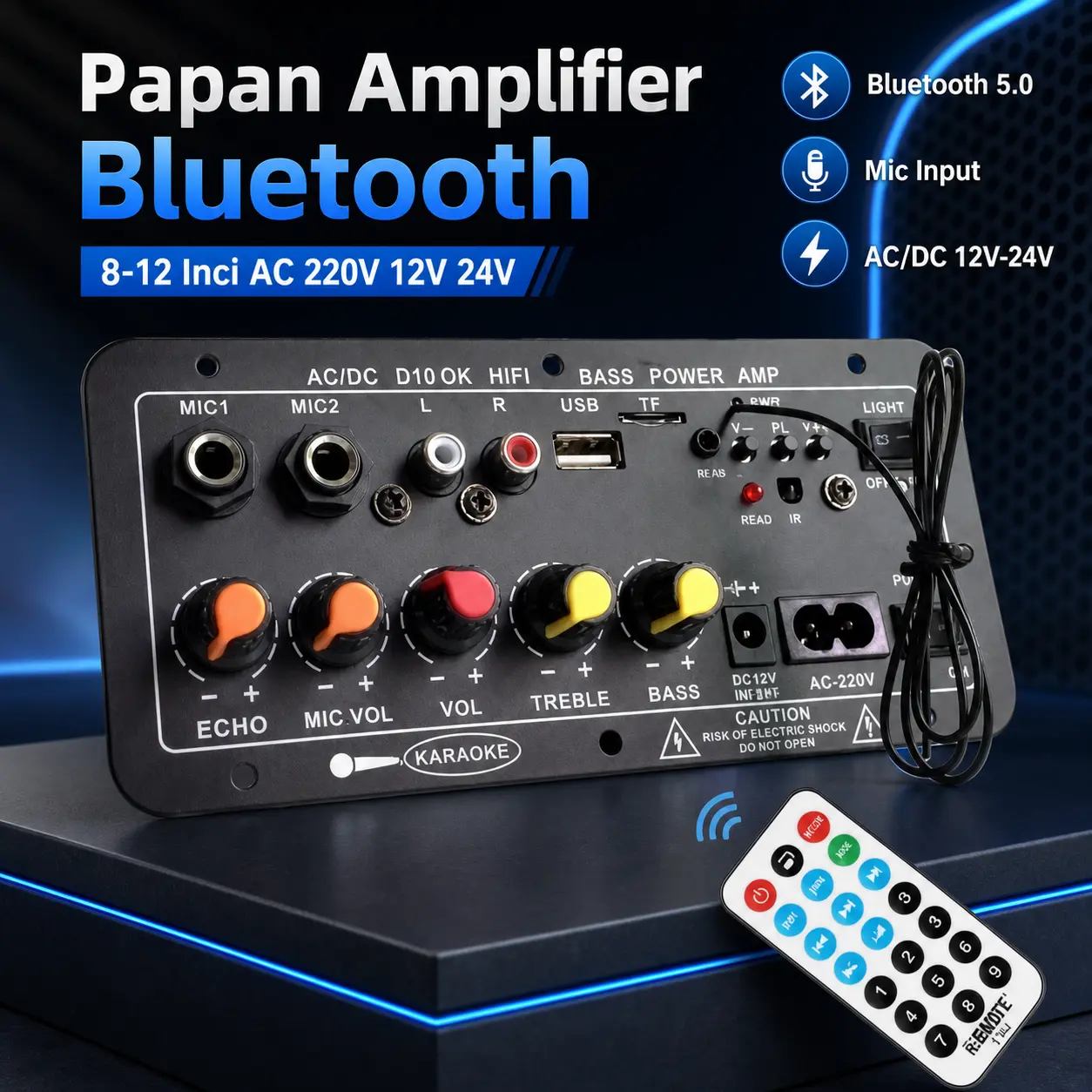 Papan Amplifier Mobil Bluetooth 5.0 AC 220V 12V 24V untuk Speaker 8-12 Inci dengan USB FM AUX Mic dan Remote Control Jarak Praktis untuk Audio Outdoor