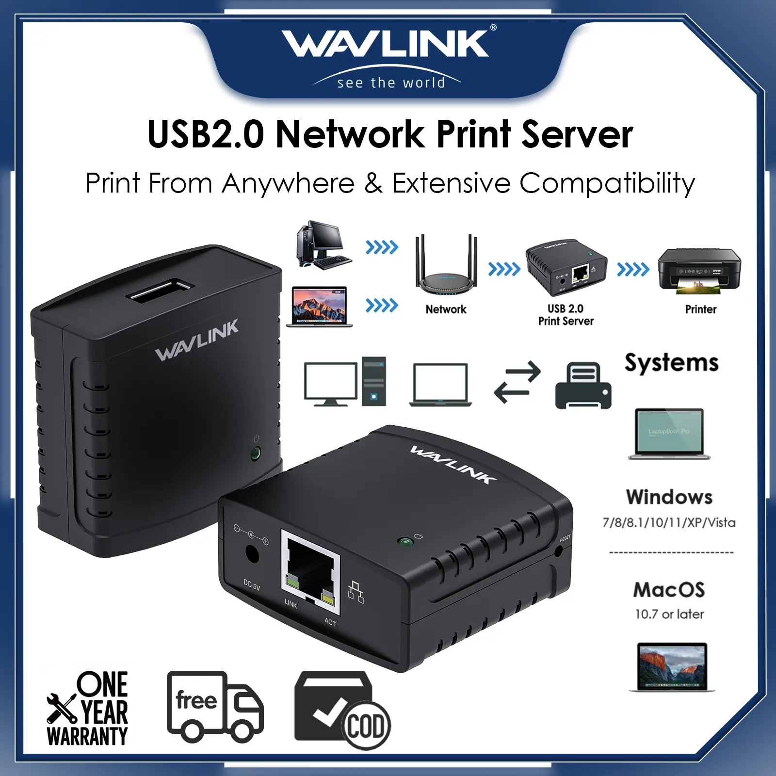 Wavlink Server Cetak Jaringan USB2.0 WL-NU72P11, Berbagi Printer USB Melalui LAN, Kompatibel Windows & MacOS, 10/100Mbps, Tidak Perlu Driver, Adaptor Cetak Komputer, Garansi Produsen