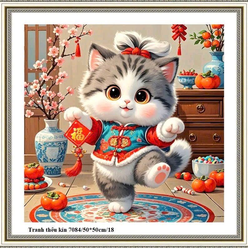 Tranh thêu chữ thập MÈO THẦN TÀI 7084-50x50cm thêu kín tranh chưa thêu handmade diy