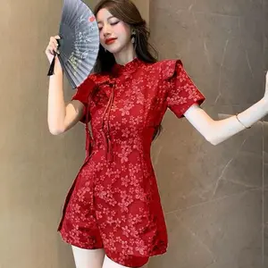 Setelan Xinyan Jacquard Cheongsam TM 0533 2pcs set baju celana wanita import acara imlek fashion cewek chinese model sexy kasual best terbaru Motif Remaja Dewasa Casual Atasan Pendek Panjang Katun Simple