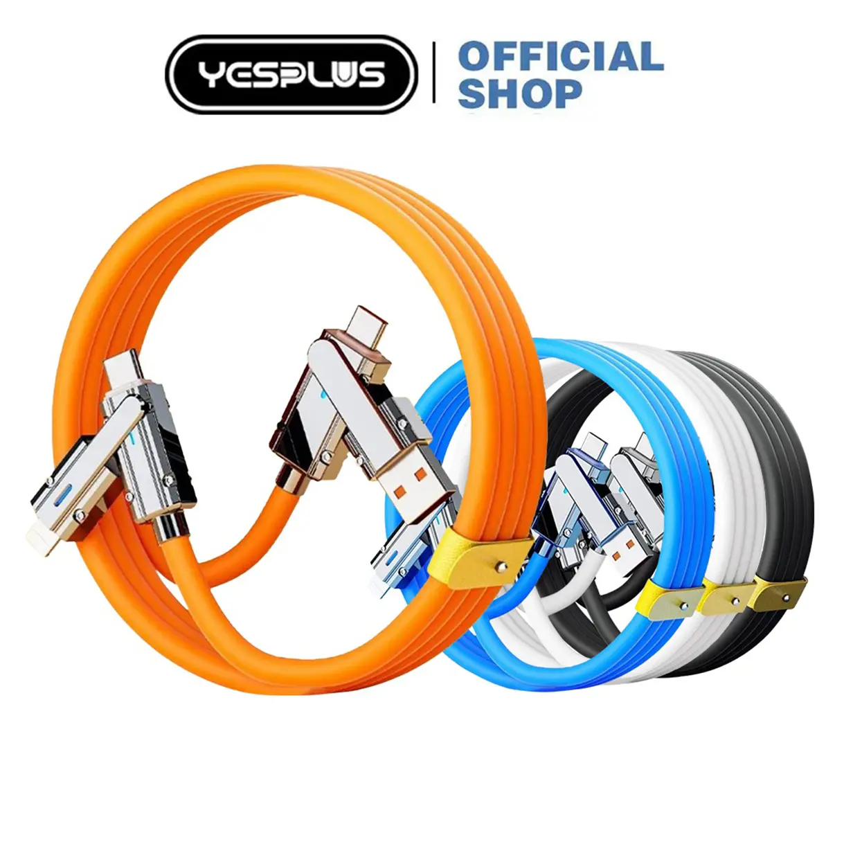YESPLUS KM13 Kabel Data  4in1 120 Watt Charger Type C PD Kabel Pengisian Cepat Berbahan Silikon Biru Hitam Panjang Cable Adaptor
