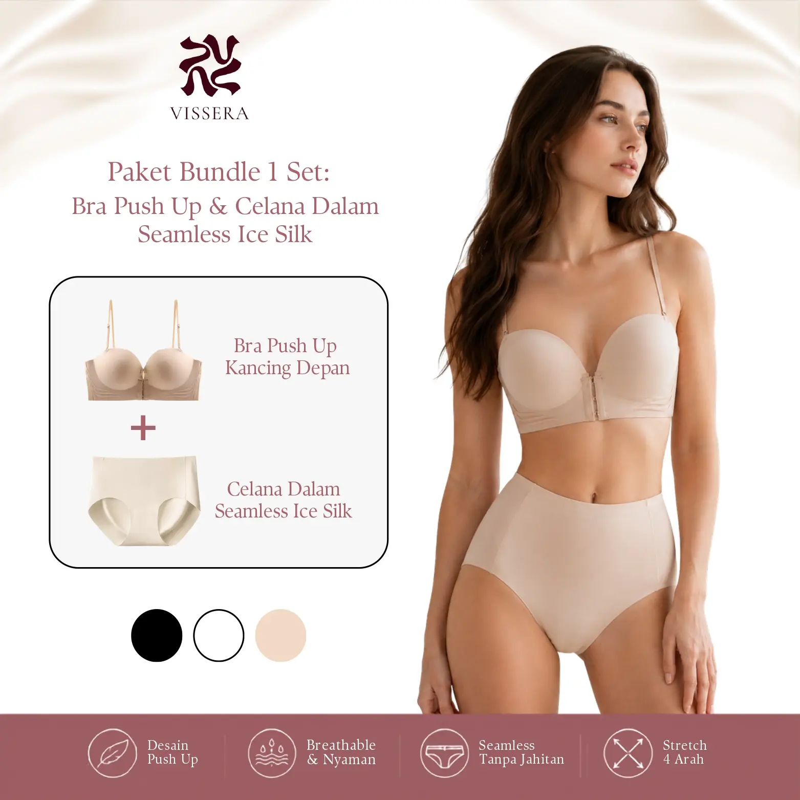 Vissera - [CARLEY+NEVA] Paket 1 Set Bra Push Up Kancing Depan 3in1 Celana Dalam Wanita Seamless Ice Cooling Silk Pakaian Dalam Wanita Tebal Busa Tanpa Kawat Tali