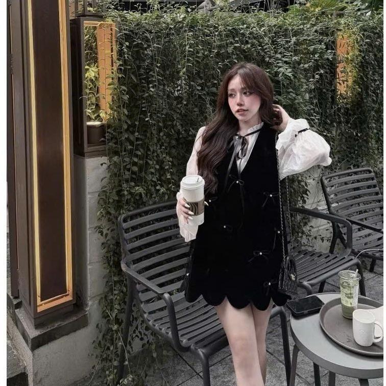 BIGSIZE HIẾU HIẾU 55-95KG - Set thời trang nữ Yếm nhung phối nơ + Áo voan tay dài cột nơ S678