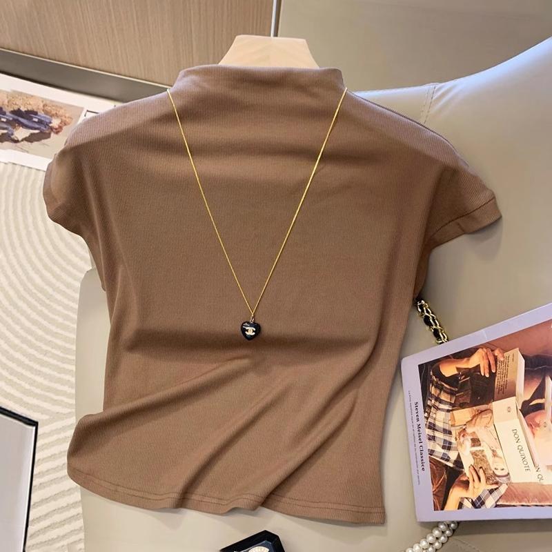 Kaus Kerah Tinggi Berusuk Coklat Muda Retro Kaus Pendek Ketat Modis Gaya Korea Atasan Wanita Baru Baju Jersey 1
