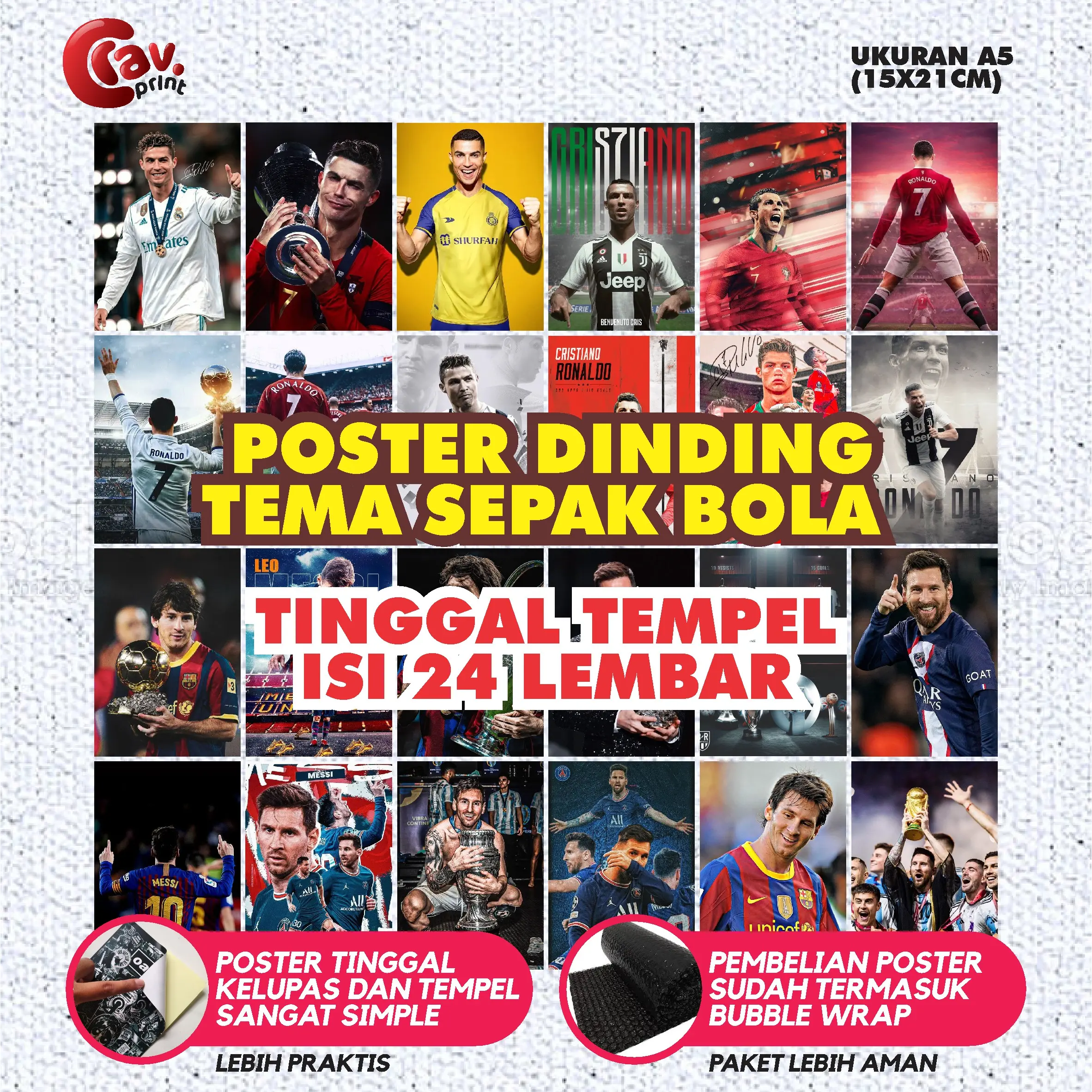 Poster Sticker Club Bola | Tinggal Tempel | Ronaldo | messi | barca | real madrid | MU | [24 PCS]