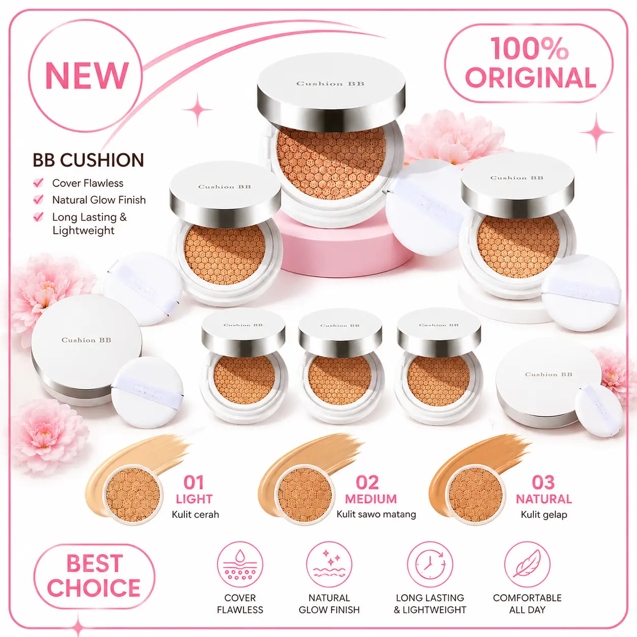 BB Cushion Natural Glow 3 Varian Shade Ivory Light Natural - Cushion Cover Flawless Tahan Lama Ringan di Wajah