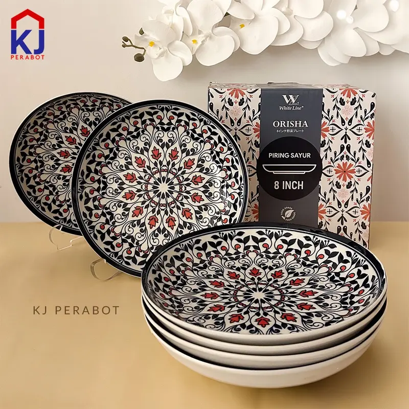 KJ Perabot - White Line Piring 8 inci Bulan 6`S Set Simple Kitchenware 1