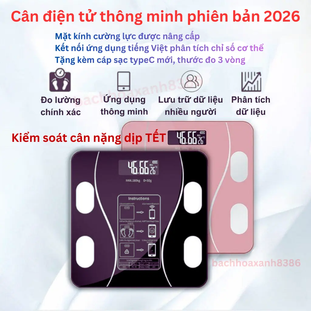 Cân Điện Tử Thông Minh 18 Chỉ Số -Kết Nối Bluetooth -Sạc USB -Màu Đen |Tặng Thước Đo Cáp Sạc, cân điện tử tốt, cân điện tử chính xác