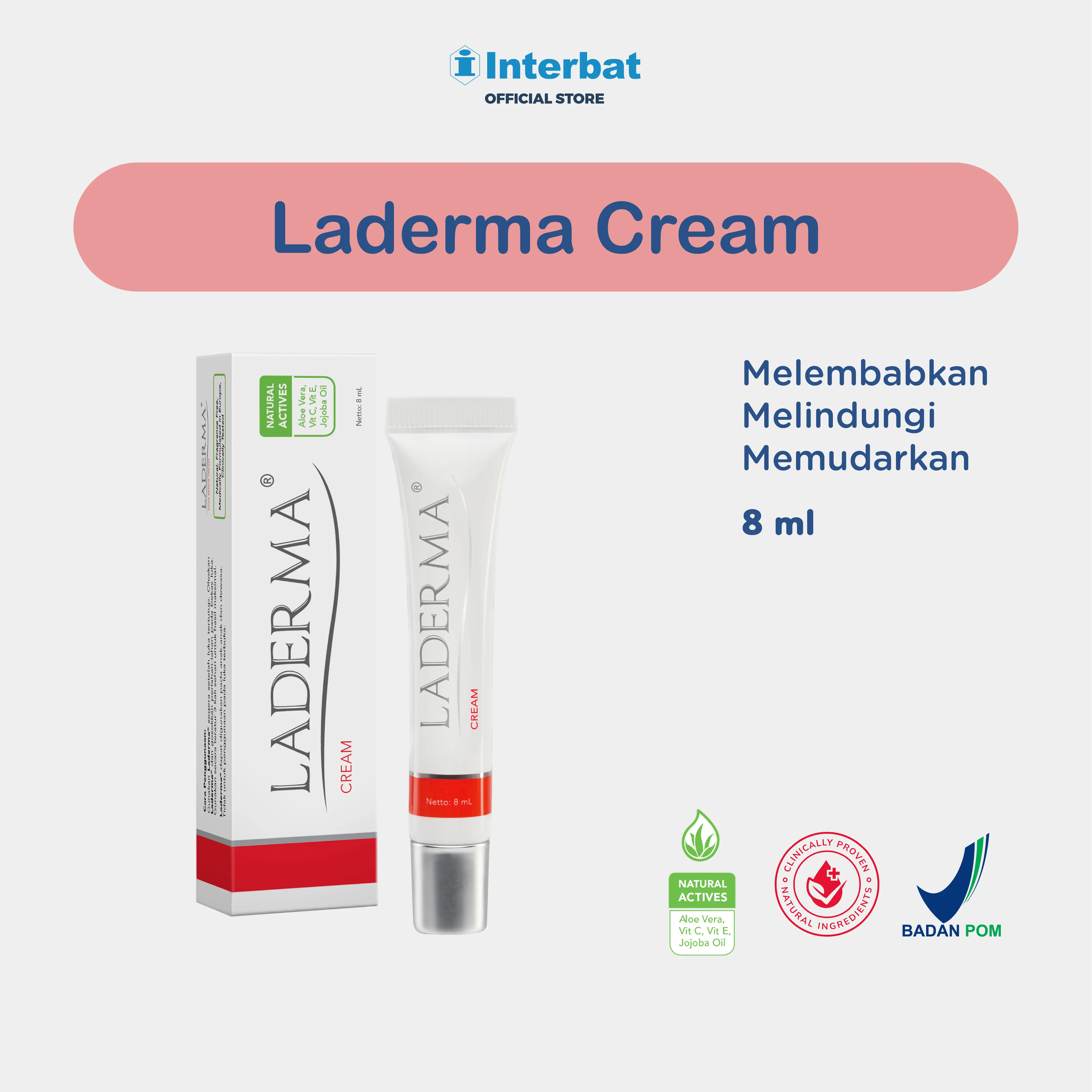 Laderma Cream 8 ml - Melembabkan, Melindungi dan Memudarkan Bekas Luka dengan Kandungan Aktif Aloe Vera, Jojoba Oil, Vit C dan Vit E