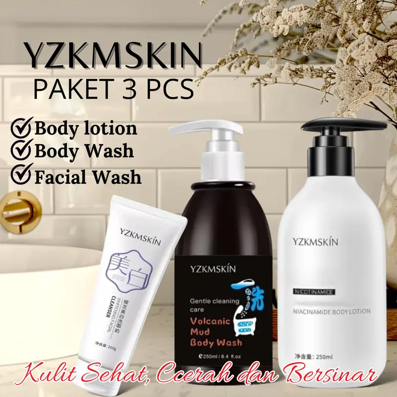 Paket 3 Pcs YZKMSKIN Body Wash dan Body Lotion serta Facial Wash - Wajah, Pencerah 0