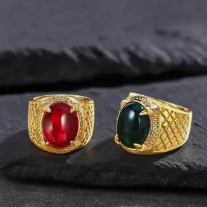 Fashion Pria Empat Cakar Cincin Naga Emas Cincin Naga Emas Vintage Pola Skala Naga Emas Merah Hijau Buatan Batu Onyx Resin Batu Punk Hip Hop Cincin Aksesori Pesta Harian Pria yang Elegan