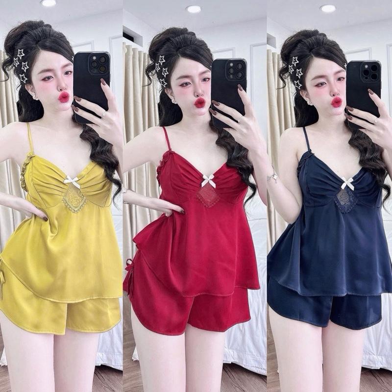 Đồ bộ ngủ bướm nơ 2 dây lụa latin Freesize dưới 60kg