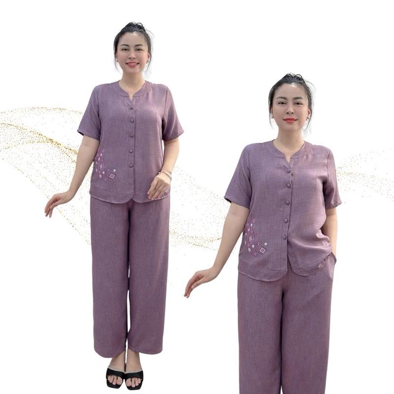 Y24 Đồ Bộ trung niên quần dài chất đũi mềm, không nhăn, thoáng mát, hoạ tiết thêu tinh tế sang trọng thoải mái , màu sắc tôn da, cao cấp Women Nữ