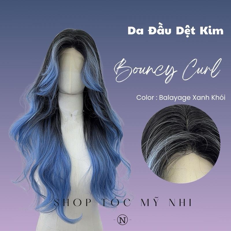 Tóc Giả Mỹ Nhi Bouncy Curl Xoăn Bung Mái Bay Màu Tóc Balayage Xanh Khói x-3d-0204 Da Đầu 3D Kết Hợp phân khúc DÁN KEO