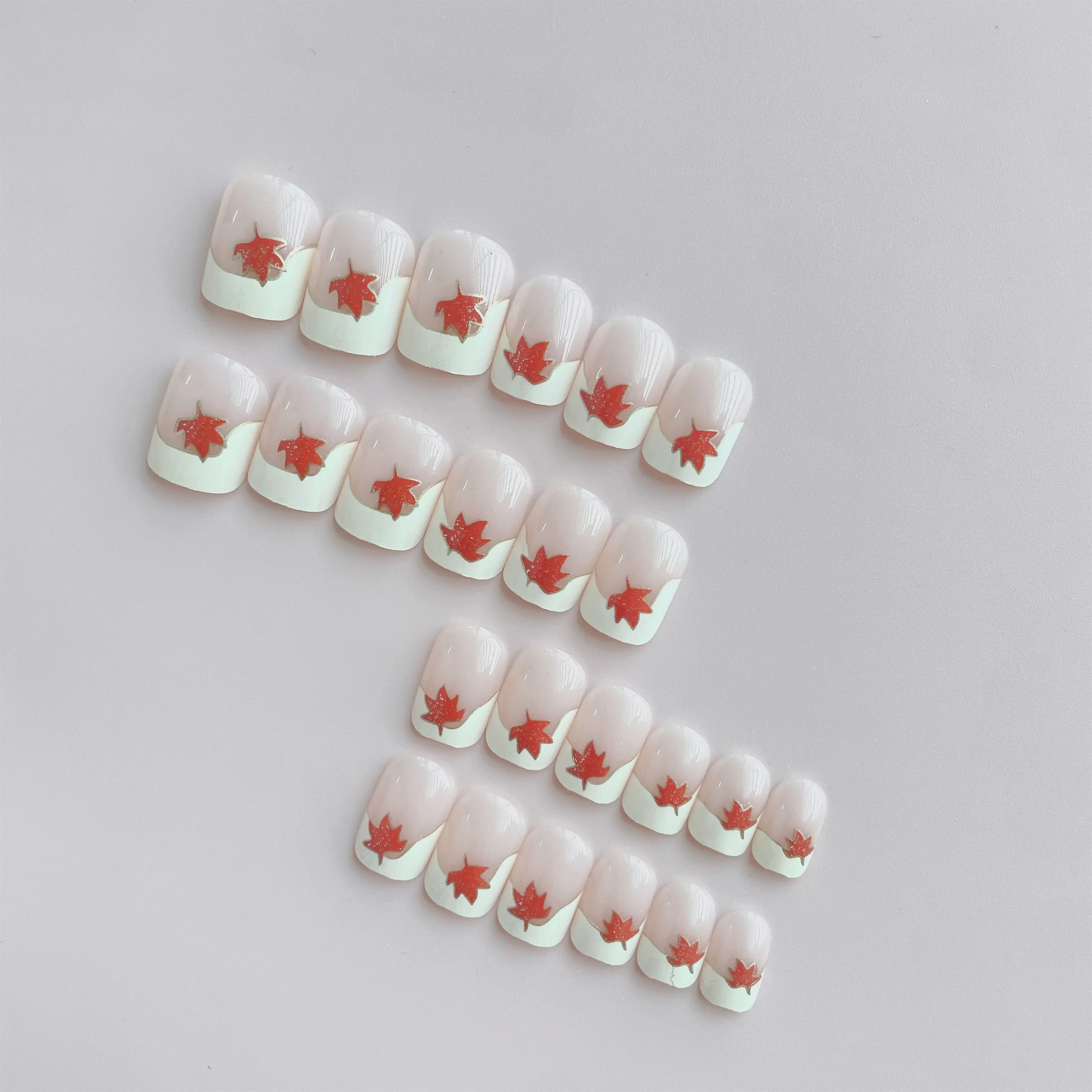 （Send tool kit）Milky White French Style Golden Edge Thin and Glittering Maple Leaf Short European Square Fashion All-Match Detachable Nail Sticker 24 Pieces