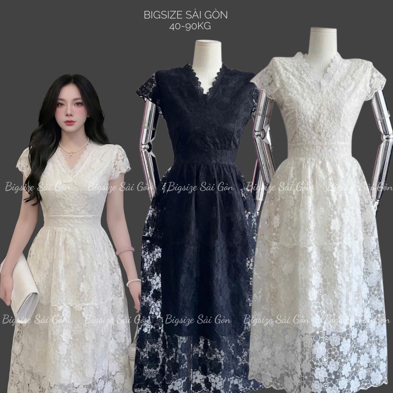 Váy Ren Hoa Dự Tiệc Thiết Kế Cổ V Phối (Vải Ren Hoa Cao Cấp) Thanh Lịch Sang Trọng Cho Các Nàng Bigsize 40–90kg Thời Trang Nữ  - B.1600
