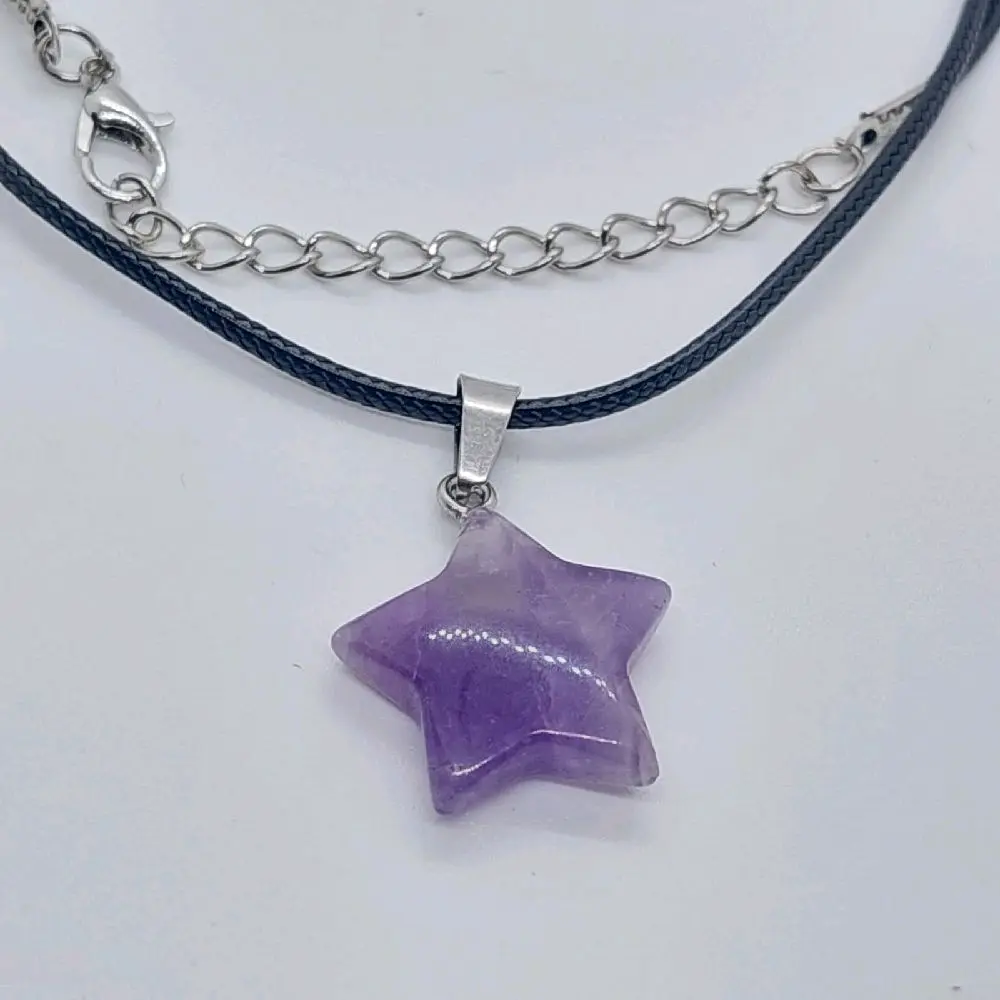 Kalung Liontin Kecubung Ungu Amethyst Model Bintang Asli Natural Batu Tali Korea Halus Elegan Tampilan Mewah dan Nyaman