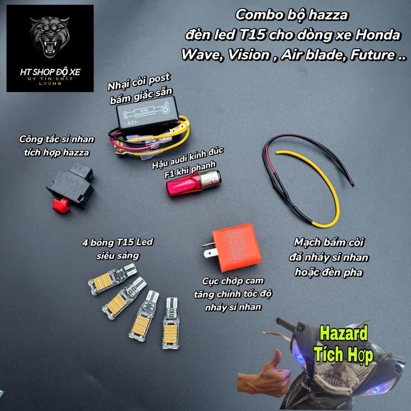 Bộ combo đèn hazza T15 cho xe Wave 50-100-110 Fu125 rsx fi + mạch bấm còi đá nháy 4 xi nhan
