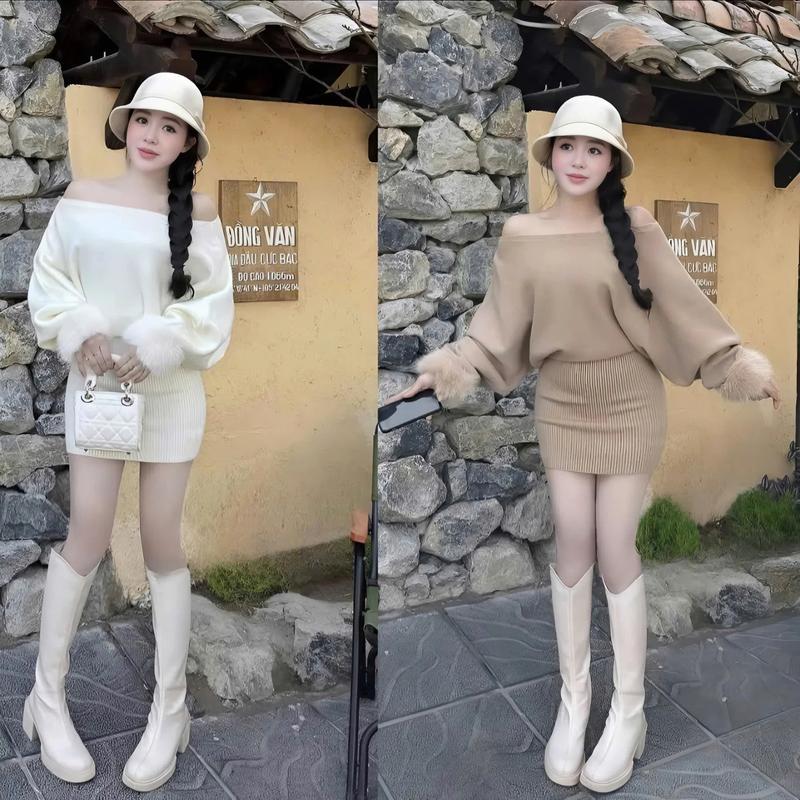    HÀNG QCCC L1   Váy Len Trễ Vai Phối Tay Lông A280 Màu Kem & Kem Be Phong Cách Thời Trang Hàn Quốc Chất Liệu Mềm Mại 