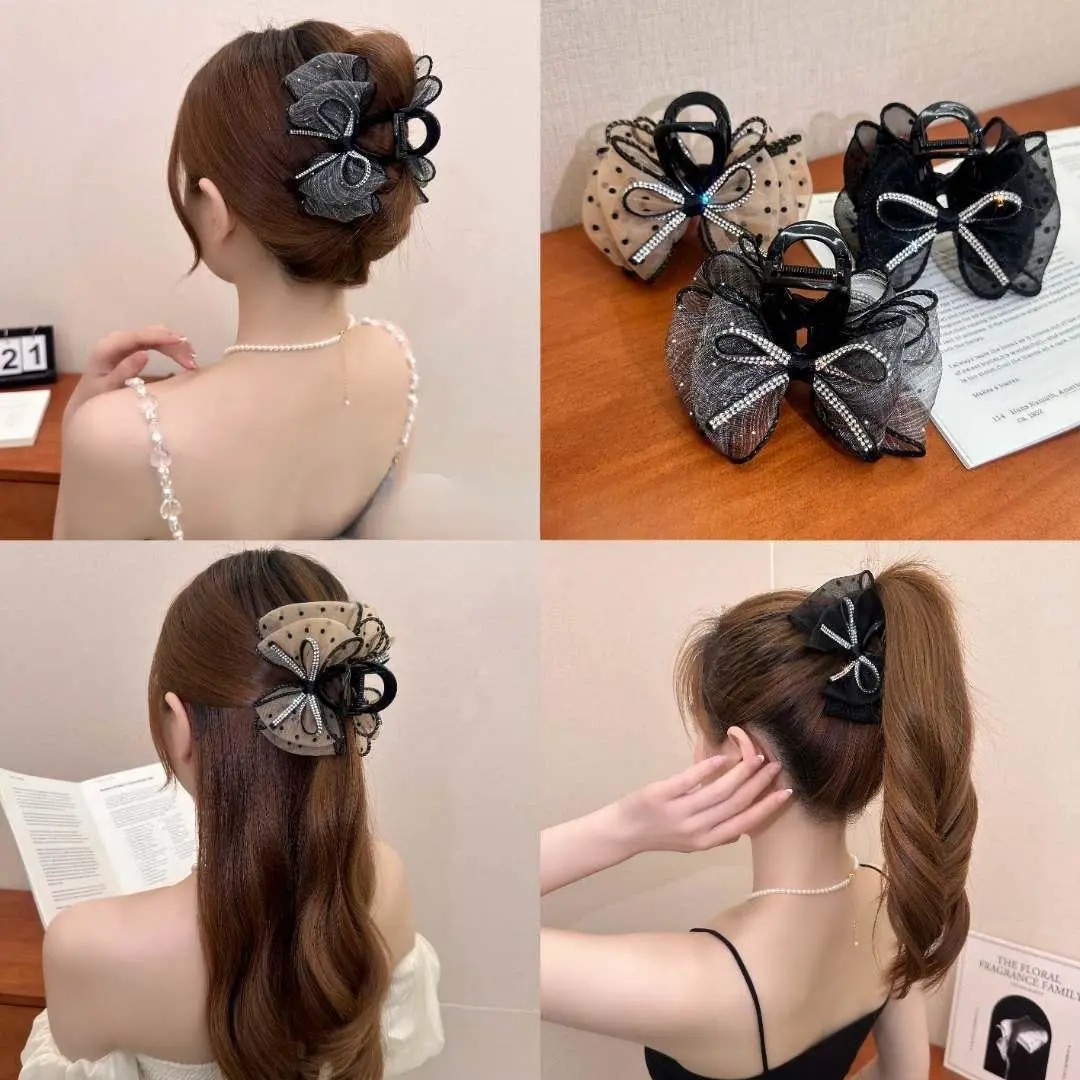 2024 New Shiny Hair Clip Claw , Bow Polka Dot Mesh Flower Hair Grip Clip,Back-of-head Hairpin, Shark Hairpin, High Ponytail Hairpin Hair Accessories Korean