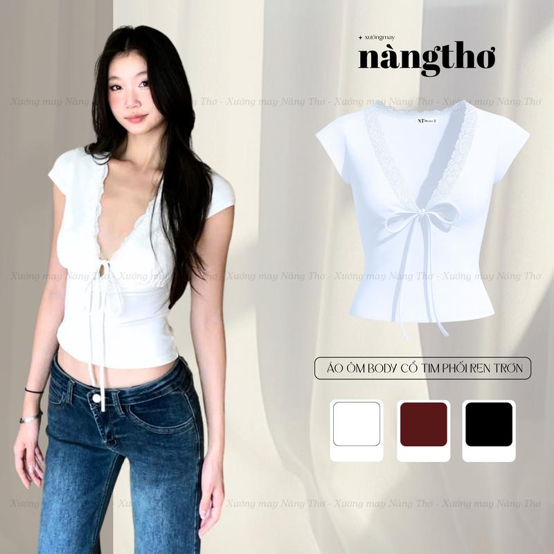 377 Áo Kiểu Nữ Ôm Body Y2K Cổ Tim Phối Ren Chất Thun Cotton Mịn