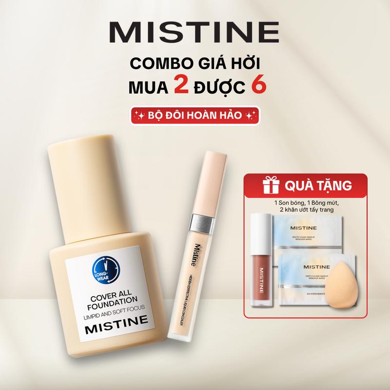 【LIVE Kem nền kiềm dầu tốt, bên màu lâu trôi 30g Mistine Foundation + Che khuyết điểm Concealer 6g + [4 QUÀ] 1 Son bóng + 1 Mút trang điểm + 2 Khăn tẩy trang