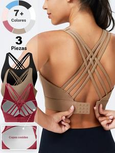 Sujetadores deportivos con espalda cruzada para mujer, sujetador push up con cierre de gancho y ojo ajustable de color sólido, sujetador con copas moldeadas no extraíbles y transpirables suaves para mujer