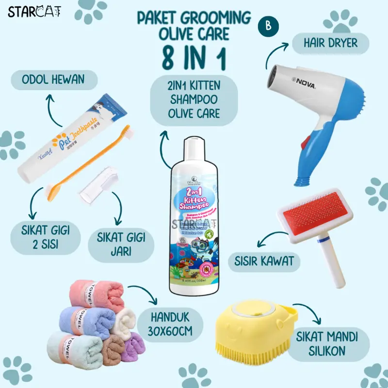 SC 8in1 Olive Care Paket Grooming 2in1 Kitten Shampoo Kucing Perawatan Bulu Kulit Mulut Anti Jamur Kutu Handuk Pengering Dryer Sisir SIkat Mandi Silikon 0