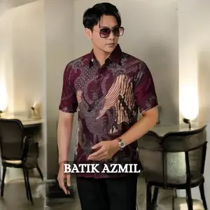 Batik Azmii- Kemeja Batik Pria Lengan Pendek Motif Terbaru Adem Halus Kratonan Batik Kerja Seragaman Baju Kantor Katun Lembut Printing Atasan Hem  Keren