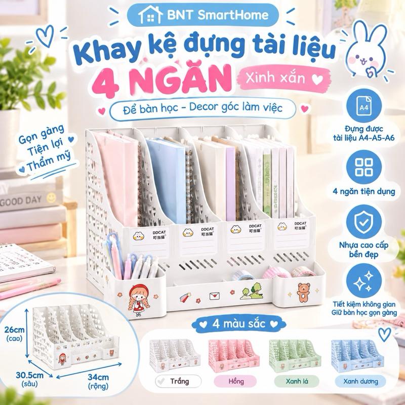 Kệ Sách 4 Ngăn Màu Trơn Để Bán Học, Giá Khay Kệ đựnġ Tài Liệu Văn Phòng 4 Ngăn đựnġ Đồ Trang Trí Decor Bàn Học