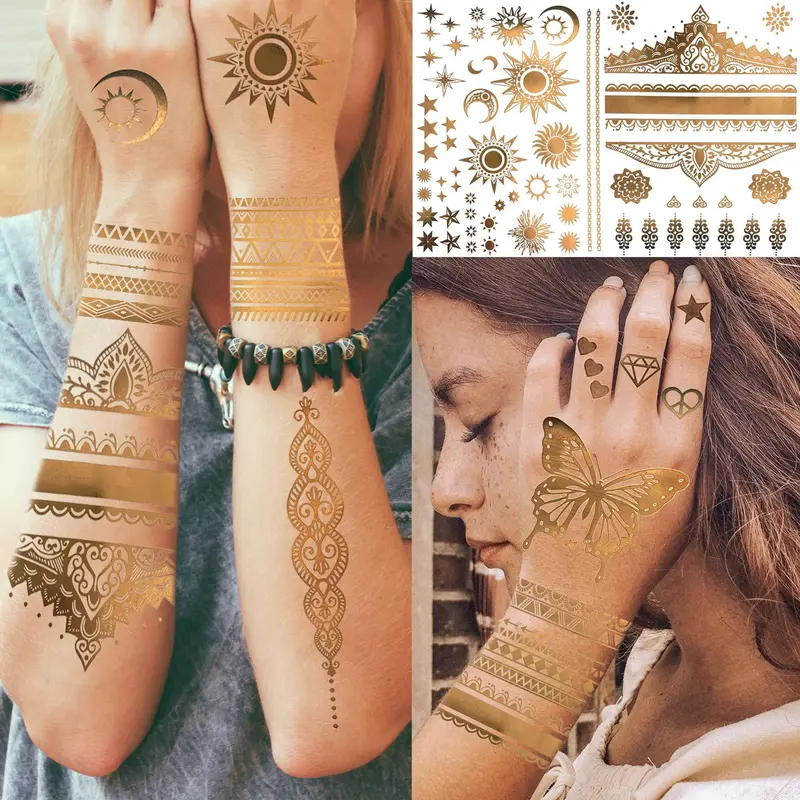 Metallic Temporary Tattoo Sticker, 9 Counts/set Glitter Fake Tattoo Sticker, Body Art Decoration for Women & Girls 4
