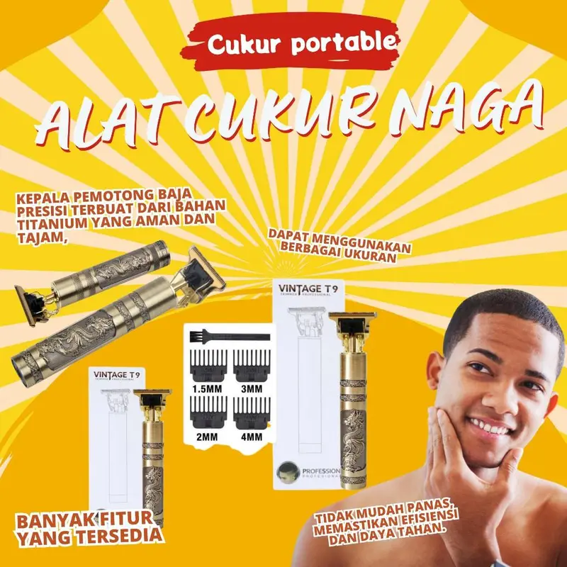 New alat mesin cukur potong rambut bulu kumis dan jenggot listrik Vintage T9 dragon hair clipper trimmer naga shaver elektrik 0mm cukuran pencukur rambut baterai cas tanpa kabel portable Promo 3