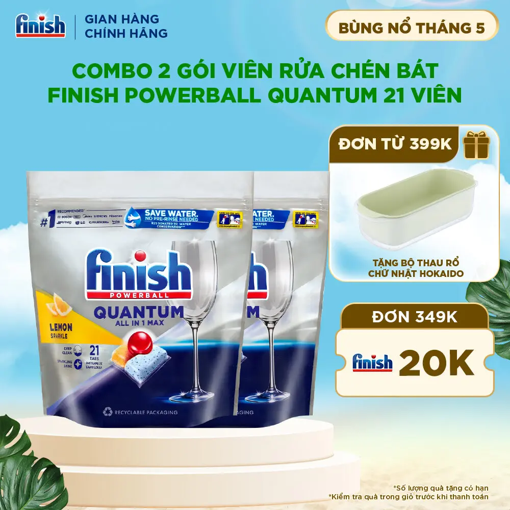 Combo 2 Gói Viên Rửa Chén Bát Finish Powerball Quantum, 21 viên/Túi