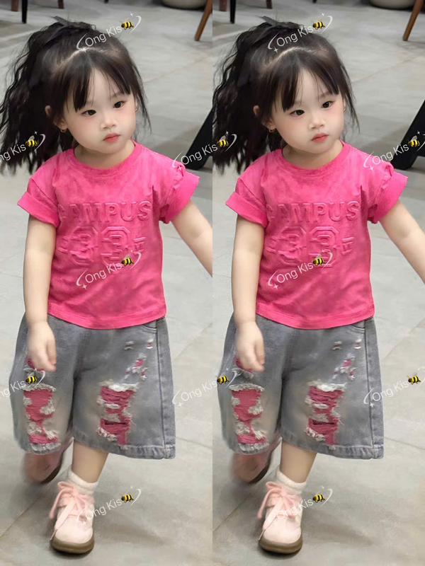 Ong kis Sét áo hồng loang chữ dập nổi 33 kèm quần jane rách phun màu thời tranh cho bé gái 10-30kg