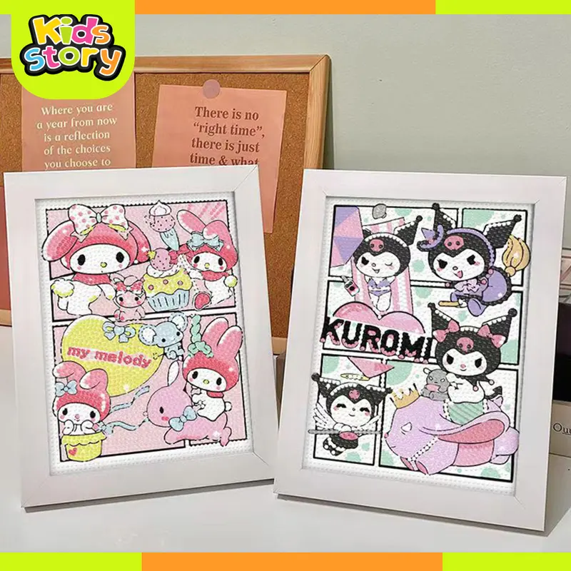 Diamond Painting Set dengan Bingkai Stiker Puzzle Mainan Edukasi DIY Gambar Anak 5D Diamond Painting Full Kit Set Berlian Bulat DIY Kreatif Dekorasi Kamar Anak Kuromi Cinnamoroll Lotso 1