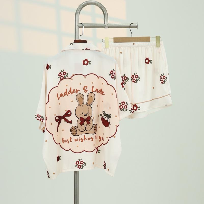 Bộ pijama (không túi ) quần đùi áo cánh dơi trắng kem hoạ tiết thỏ hoa