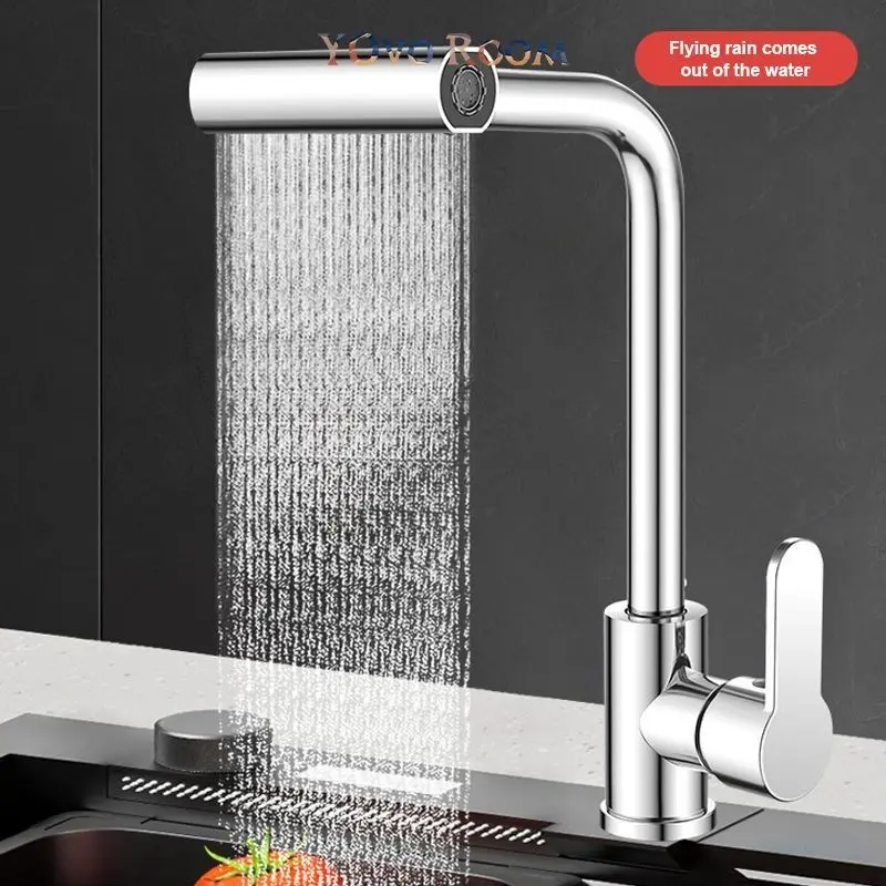 SUS 304 Keran Air Terjun 4 Mode Keran Wastafel Dapur Multifungsi Kran Sink Dapur 360 ° Rotasi Wastafel / Tembok Kran Angsa Fleksibel YOvo