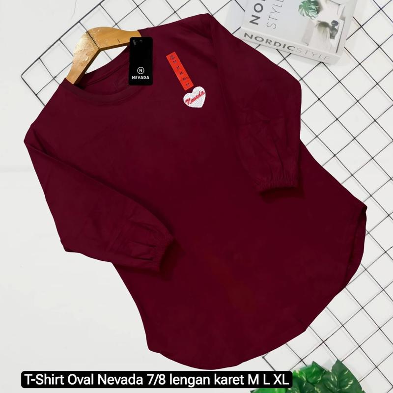 Kaos wanita Oversize oval Lengan Karet 7/8 katun Combed 2